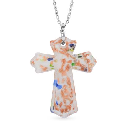 Mehfarbiger Murano-Stil Glas Kreuz-Anh&auml;nger mit 60cm Kette, Wei&szlig;