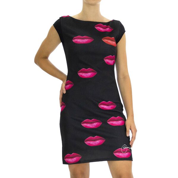 DESIGUAL, Designer-Kleid mit kurzen &Auml;rmeln und Lippendruck, Schwarz, Gr&ouml;&szlig;e- 38