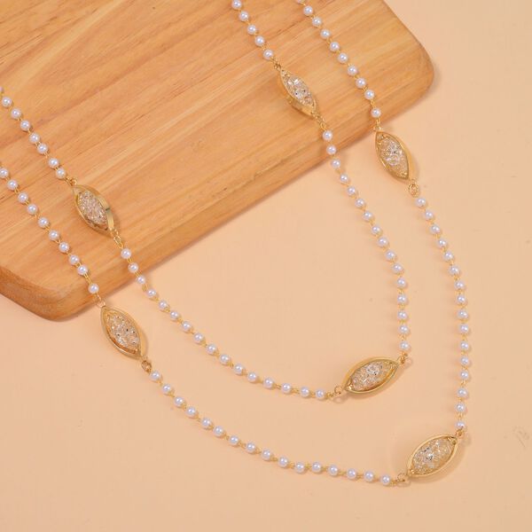 Kunststoff Perle, Weißer Kristall Halskette ca. 75 cm Messing image number 2