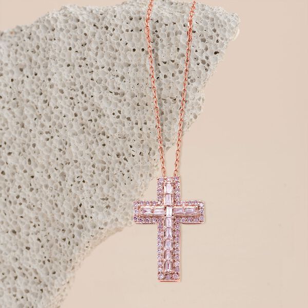 Rosa Diamant Kreuz-Anh&auml;nger mit Kette in Silber image number 2