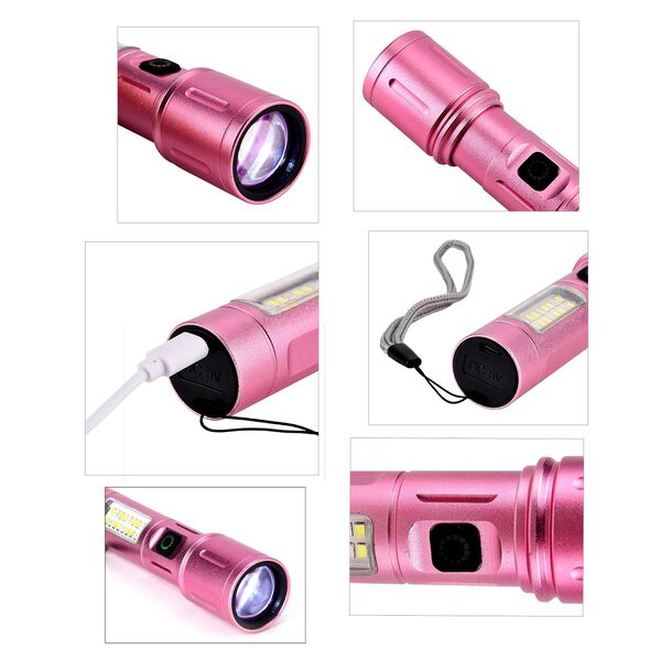 LIVMORE 6 in 1 LED-Taschenlampen aus Metall mit SOS Funktion, wiederaufladbar, 14x3,5cm, Rosa image number 7
