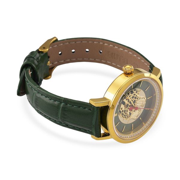 William Hunt Moissanite Uhr mit Schweizer Uhrwerk Ronda 763, gr&uuml;nem Echtlederarmband und goldfarbenem Panther-Zifferblatt image number 6