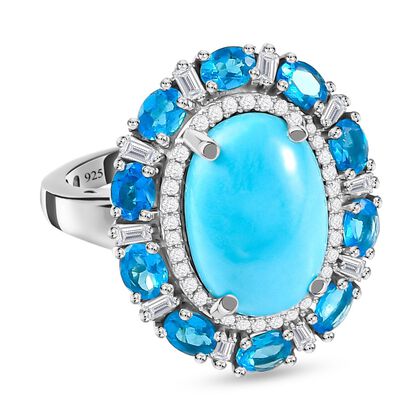 Amerikanischer, nat&uuml;rlicher Sleeping Beauty T&uuml;rkis und Neon Apatit Ring, 925 Silber platiniert (Gr&ouml;&szlig;e 20.00) ca. 6.71 ct
