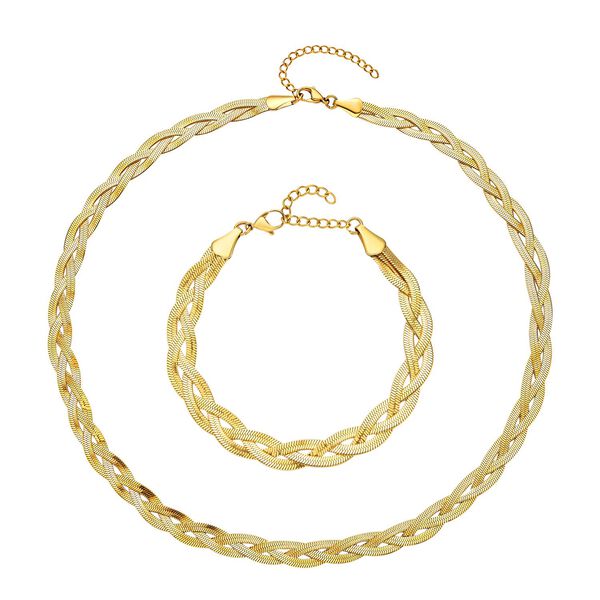 2er Set - Geflochtene Halskette und Armband, Edelstahl goldfarben image number 0