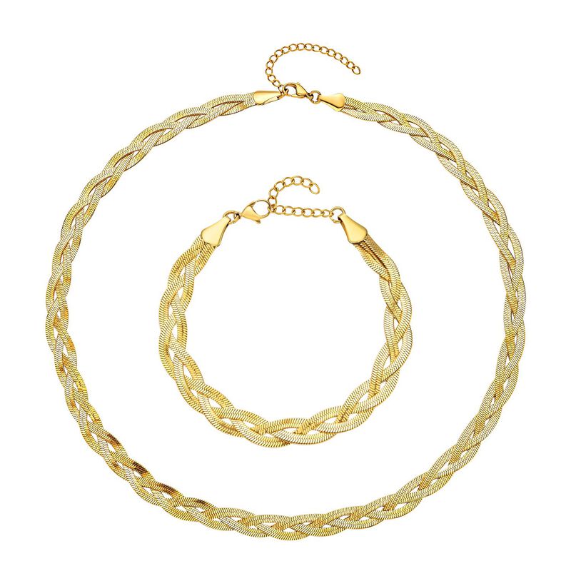 2er Set - Geflochtene Halskette und Armband, Edelstahl goldfarben image number 0