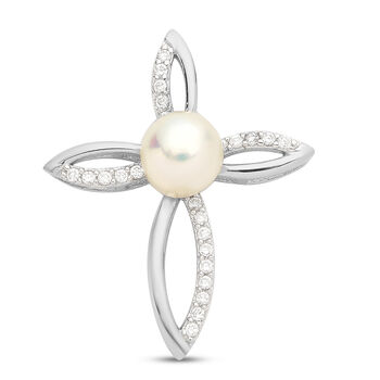 S&uuml;&szlig;wasserzuchtperlen und Wei&szlig;er Zirkonia Anh&auml;nger 925 Silber rhodiniert ca. 0,24 ct