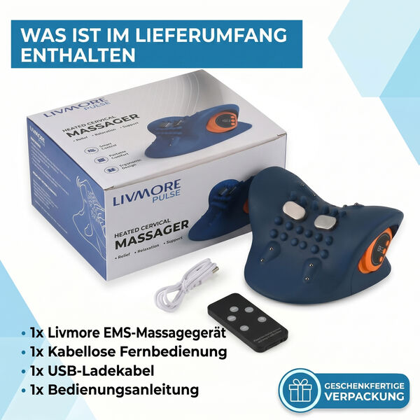 Livmore EMS-Nackenmassageger&auml;t mit Fernbedienung, 6 Intensit&auml;tsstufen, 1500 mAh Akku, ca. 1 Std. Laufzeit, PU, Dunkelblau image number 4