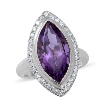 Lusaka Amethyst und Zirkon Halo Ring 925 Silber platiniert (Gr&ouml;&szlig;e 16.00) ca. 6,07 ct