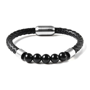 Schwarzes Achatperlen-, Leder Herren-Armband, 20 cm lang, Edelstahl ca. 25,00 ct
