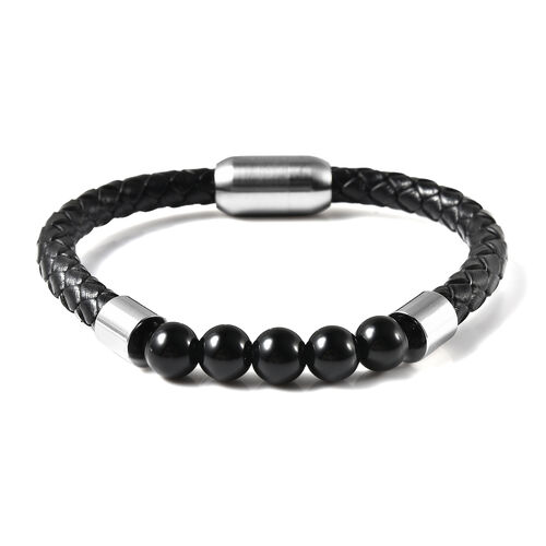 Schwarzes Achatperlen-, Leder Herren-Armband, 20 cm lang, Edelstahl ca. 25,00 ct image number 0