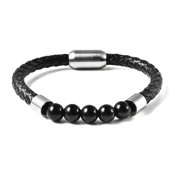 Schwarzes Achatperlen-, Leder Herren-Armband, 20 cm lang, Edelstahl ca. 25,00 ct image number 0