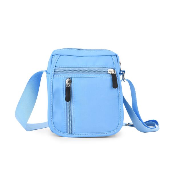 Umh&auml;ngetasche mit mehreren Rei&szlig;verschlussf&auml;chern und RFID-Schutz, 12,5x6x16cm, Blau