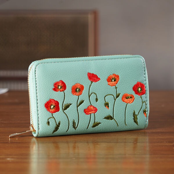 PU-Geldb&ouml;rse mit RFID-Schutz, Blumenmuster, 15,5x2,5x10cm, Gr&uuml;n image number 1