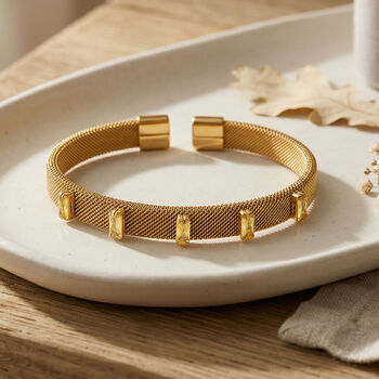 Gelber Kristall Armreif, flexibel (ca. 18-19 cm), 316L Edelstahl, goldfarben