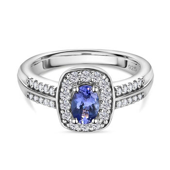 Tansanit und Zirkon Halo Ring 925 Silber platiniert (Gr&ouml;&szlig;e 16.00) ca. 0,86 ct