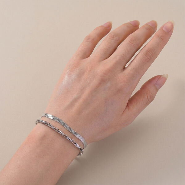 2er-Set Armb&auml;nder, Edelstahl, Bambus-Design und Schlangenarmband-Optik, Silberfarben, ca. 19 cm image number 3