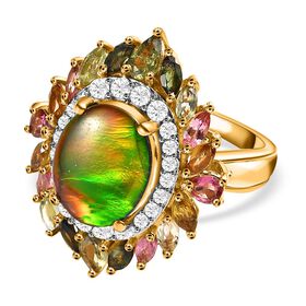 Kanadischer Ammolit, mehrfarbiger Turmalin Ring, 925 Silber Gelbgold Vermeil, (Größe 21.00) ca. 6.61 ct
