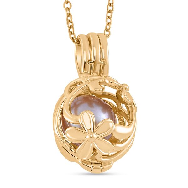 Lila Edison-Perle Anh&auml;nger mit Kette, Blumen-Cage-Design, ca. (10-12mm), Messing und Edelstahl, Goldfarben image number 4