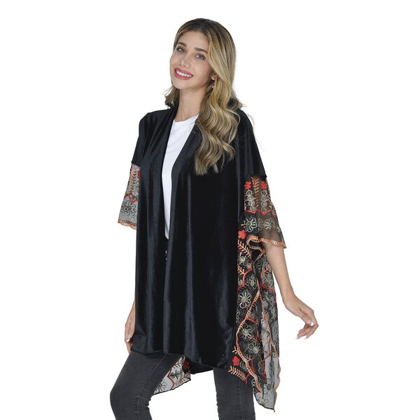 TAMSY - Kimono aus Samt mit Blumenstickerei, Einheitsgröße Schwarz image number 3