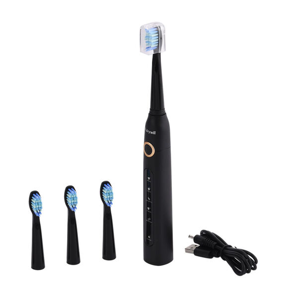 Fairywill- Zahnb&uuml;rste mit 4 B&uuml;rstenk&ouml;pfen, Schwarz