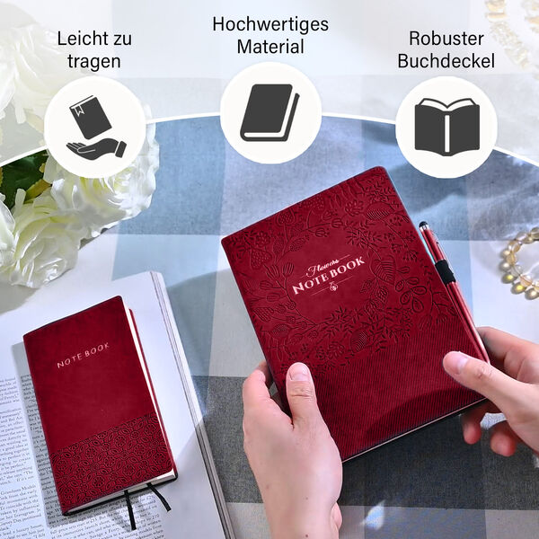 Premium Set; Notizbuch und Taschentagebuch mit geschnitztem, samtigem Hardcover und Kugelschreiber, Rot image number 4