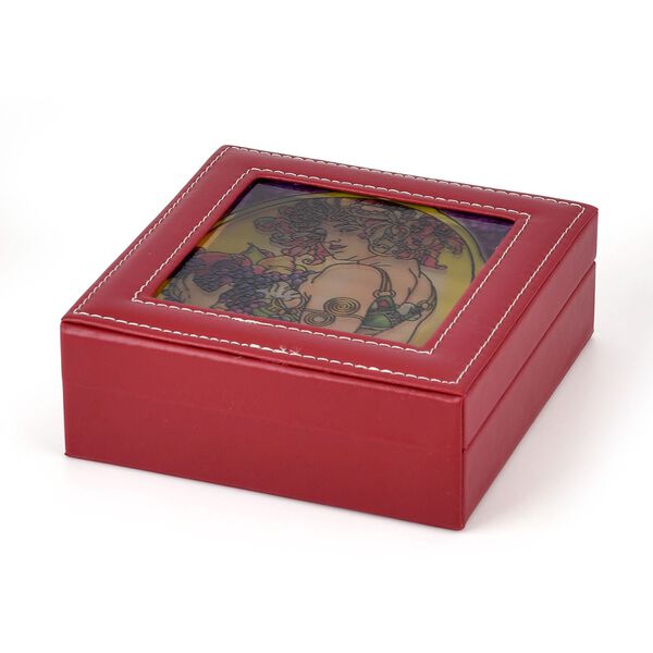 "PU with Suncatcher glass window Ring box,  Size:15.5x15.5x5.5cm, center glass size:11.5cmD, Material: PU+Glass Weight: about 297g. Color: Wine Red" image number 3