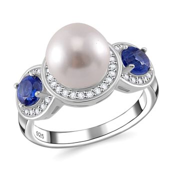 Wei&szlig;e Muschelkernperle (7-9 mm), Kyanit Ring 925 Silber platiniert (Gr&ouml;&szlig;e 16.00)