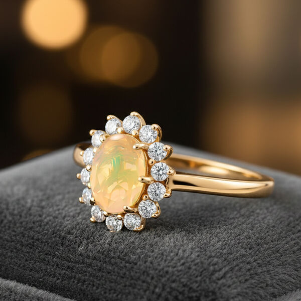 D'Joy Nat&uuml;rlicher, &auml;thiopischer Welo Opal, Moissanit Ring 925 Silber Vergoldet (Gr&ouml;&szlig;e 17.00) (10-15 Werktage Lieferzeit) ca. 1.28 ct image number 1