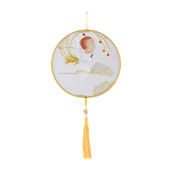 "Brand:LIVMORE Double-sided embroidery Silk wall decoration with  Jade tassel-Round shape                                                                                                             Size Dia: 20cm Pattern:Yellow Phoenix image number 4