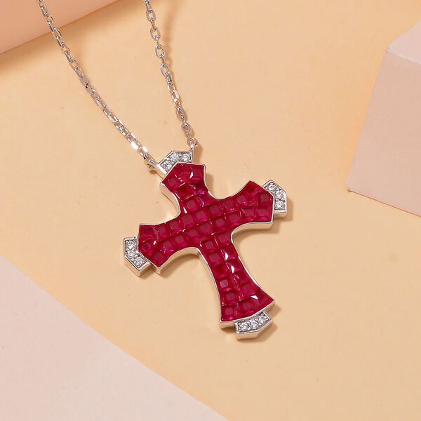 Rubin-Farbe und wei&szlig;er Kreuz Zirkonia Anh&auml;nger mit 45cm Kette image number 2