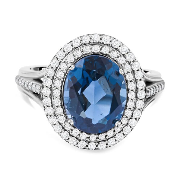 London Blau Topas und wei&szlig;er Zirkon Ring, 925 Silber rhodiniert (Gr&ouml;&szlig;e 19.00) ca. 5.06 ct