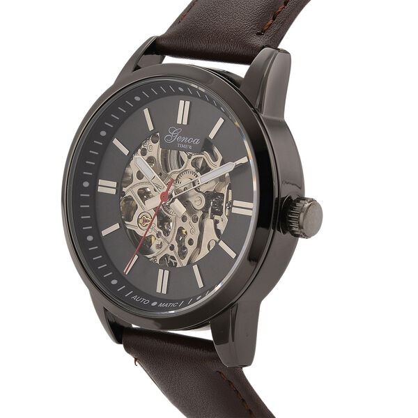 GENOA TIME V2 Automatikuhr mit mechanischem Automatikwerk, Zifferblatt Schwarz mit Sonnenschliff und offenem Design, Kaffeebraun Lederarmband 3 ATM wasserdicht image number 3