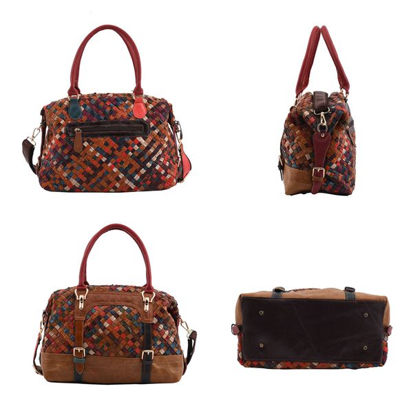 CHAOS BY ELSIE - Gewobene Umh&auml;ngetasche aus echtem Leder, 30x16x24 cm, Karomuster, rot image number 4