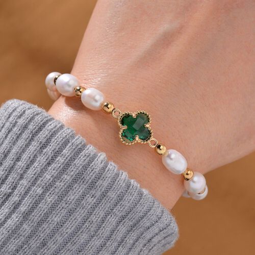Glas, Weiße Süßwasser Perle Armband BR-Stretch Standard gelb vergoldet image number 1