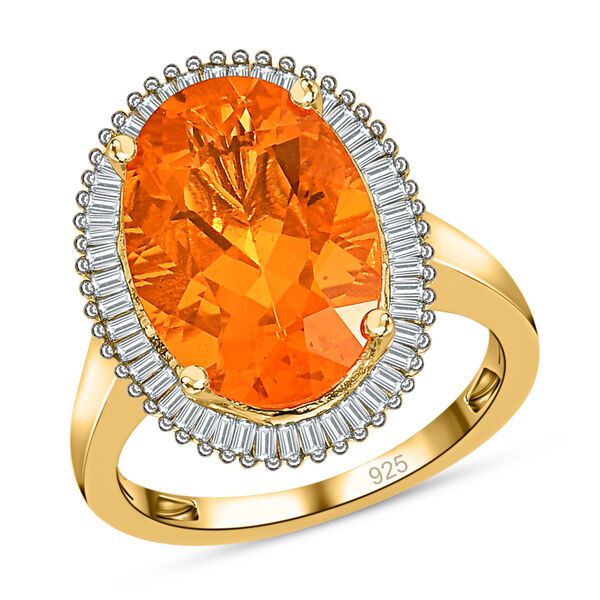 Brasilianischer Feueropal, weißer Diamant Ring, 925 Silber Gelbgold Vermeil, (Größe 17.00) ca. 4.18 ct image number 3