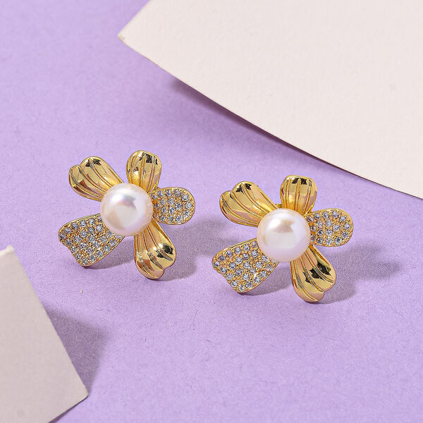 Wei&szlig;e S&uuml;&szlig;wasser Perle (6-8 mm), Wei&szlig;er Zirkonia Ohrringe Nickelfreies Messing vergoldet image number 2