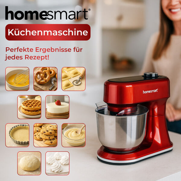 HOMESMART K&uuml;chenmaschine mit 5L Edelstahlsch&uuml;ssel und Zubeh&ouml;r, 34,7&times;22,6&times;33,8 cm, Rot image number 2