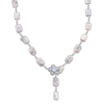 Wei&szlig;e Keshi Perle, Wei&szlig;er Zirkonia Halskette Flexibles (ca. 45-50 cm) Nickelfreies Messing