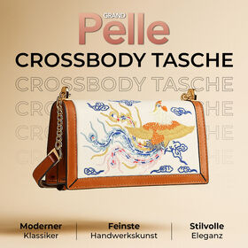 GRAND PELLE Umhängetasche aus echtem Leder, Phönixstickerei, mit Kettenriemen, 22,5×9×13 cm, Braun