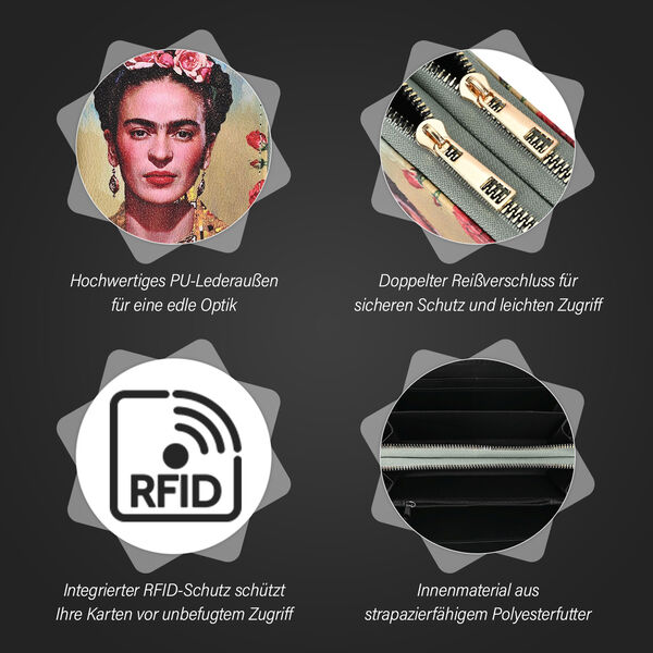 Frieda Kahlo Brieftasche mit doppeltem Rei&szlig;verschluss, mit mehreren Kartenf&auml;chern und RFID-Schutz, 19x10x4 cm, Beige image number 2