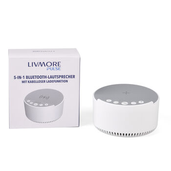 "5IN1 -BT Speaker + Sleeping Sounds +Wireless Charger+RGB Light+Phone Holder Specification: 1.Speaker Output: 5W 2.Capacity: 500mAh LI-ion Battery 3.Bluetooth Version:V5.3 4.Charging Time:1-2H 5.15PCS RGB LED(5050) Item size: 100(D)X57(H)MM Color:White Fu
