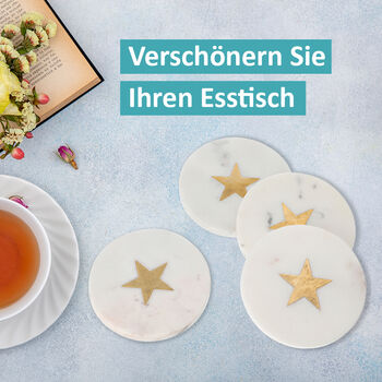 NAKKASHI - 4er-Set, Marmor Untersetzer mit Messingintarsie, Stern, Gr&ouml;&szlig;e 10x10 cm, Wei&szlig;