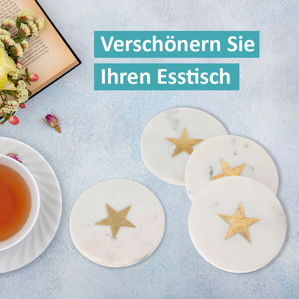 NAKKASHI - 4er-Set, Marmor Untersetzer mit Messingintarsie, Stern, Gr&ouml;&szlig;e 10x10 cm, Wei&szlig; image number 4