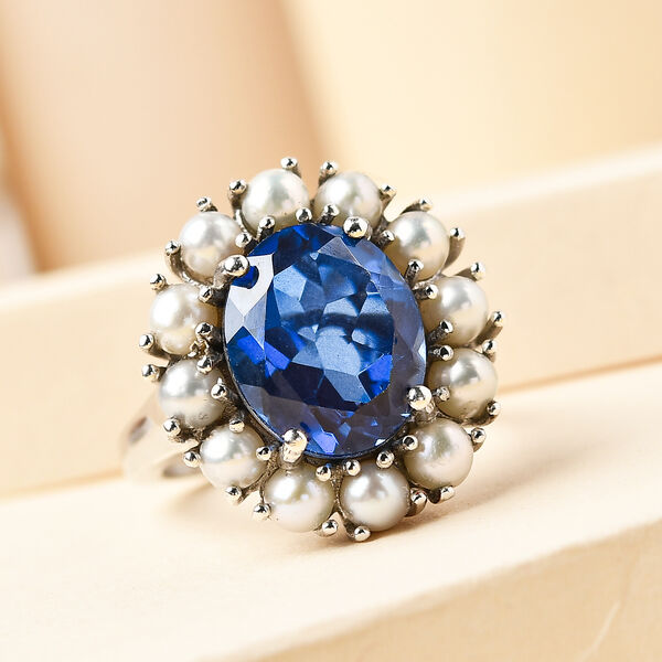 Ceylonfarbener Quarz und Süßwasserperlen-Ring, 925 Silber platiniert - 8,31 ct. image number 2
