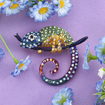 Mehrfarbige Kristall-Brosche in Goldton, Cham&auml;leon