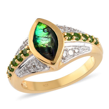 Kanadischer Ammolit und nat&uuml;rlicher Chromdiopsid-Ring, 925 Silber Gelbgold Vermeil  ca. 1,50 ct