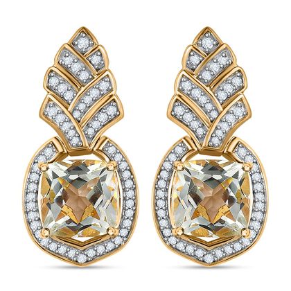 Prasiolith, Wei&szlig;er Zirkon Ohrringe, 925 Silber Gelbgold Vermeil, ca. 7.35 ct