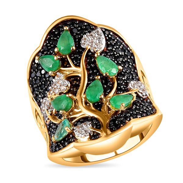 Kagem Sambischer Smaragd, Schwarzer Spinell Ring, 925 Silber vergoldet (Gr&ouml;&szlig;e 17.00) ca. 3.64 ct image number 4