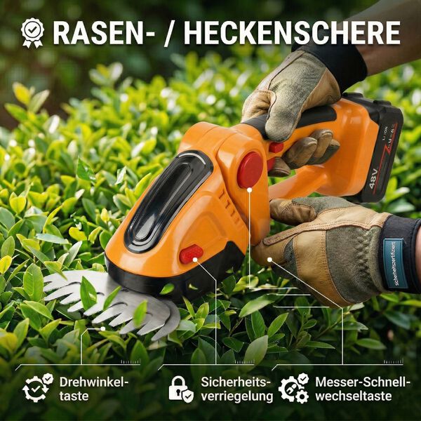 Akku Gras und Strauchschere, 2 in 1 Gartenschneider, 6000 mAh, 390 W, Gelb image number 3