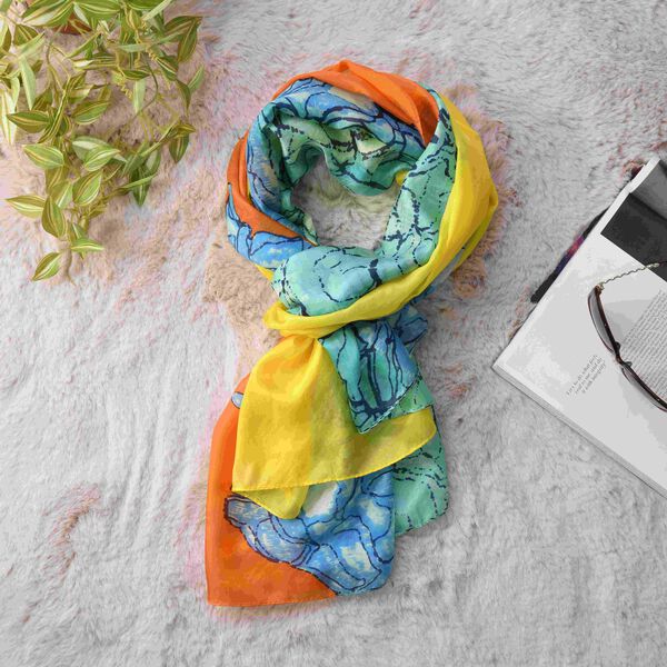 LA MAREY 100% bedruckter Seidenschal, Blumenmuster, Gr&ouml;&szlig;e 110x178 cm, Gelb und Gr&uuml;n image number 2